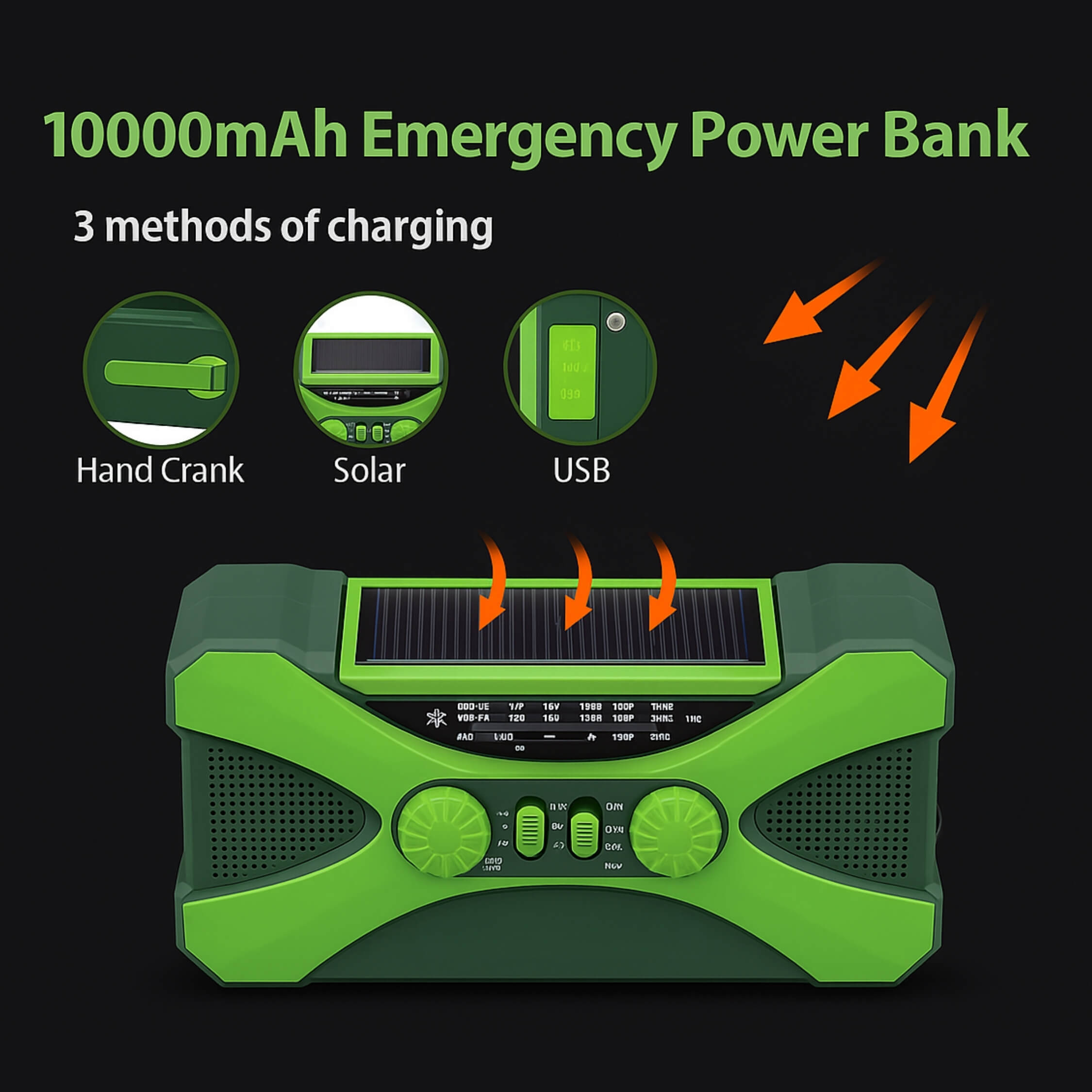 Emergency radio with phone charger USB-C 5 V 400 mA