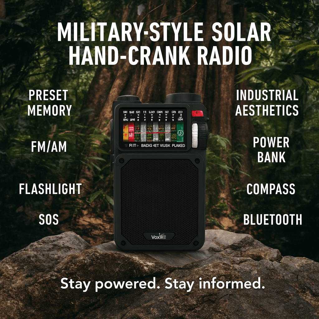 VOXL V012 compact emergency radio with LED flashlight 100000 hours lifespan and SOS beacon