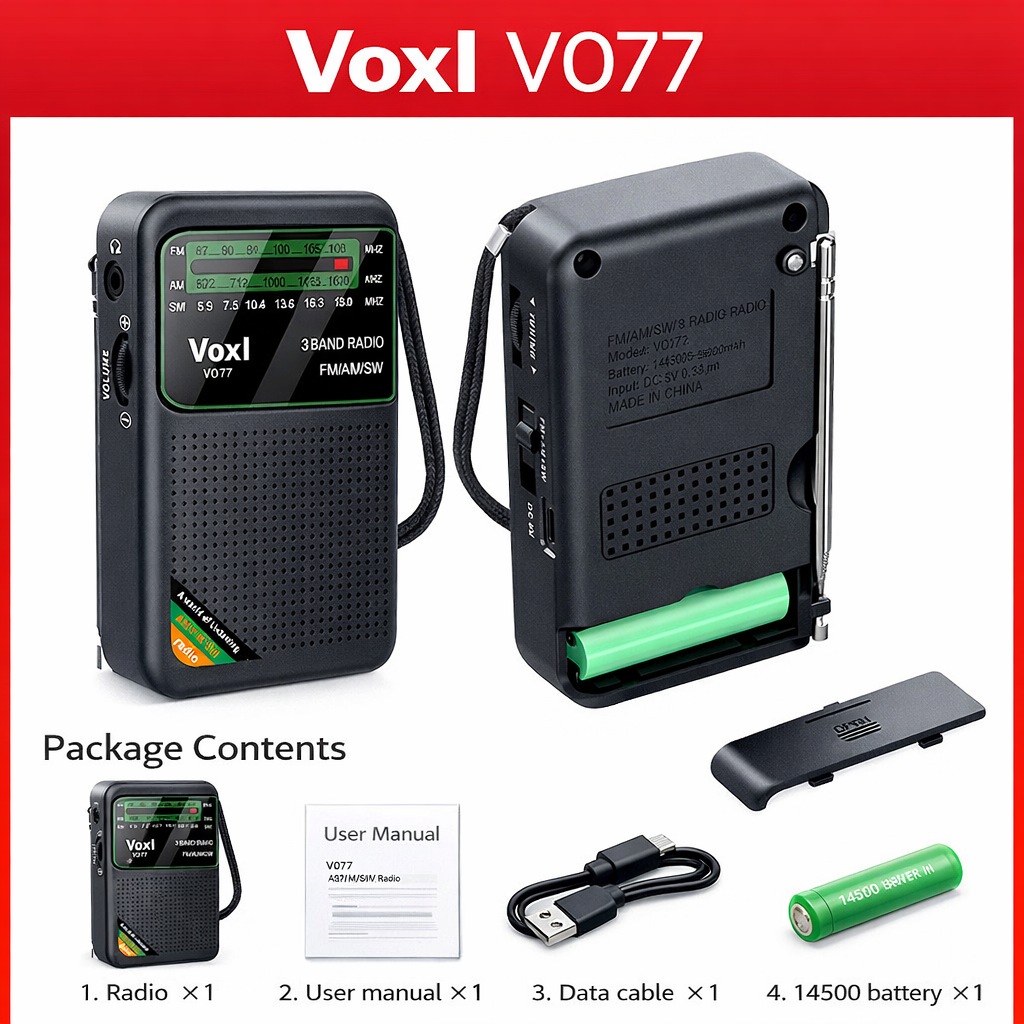 Voxl V077 AM/FM/SW Rechargeable Portable Radio, 3W Speaker