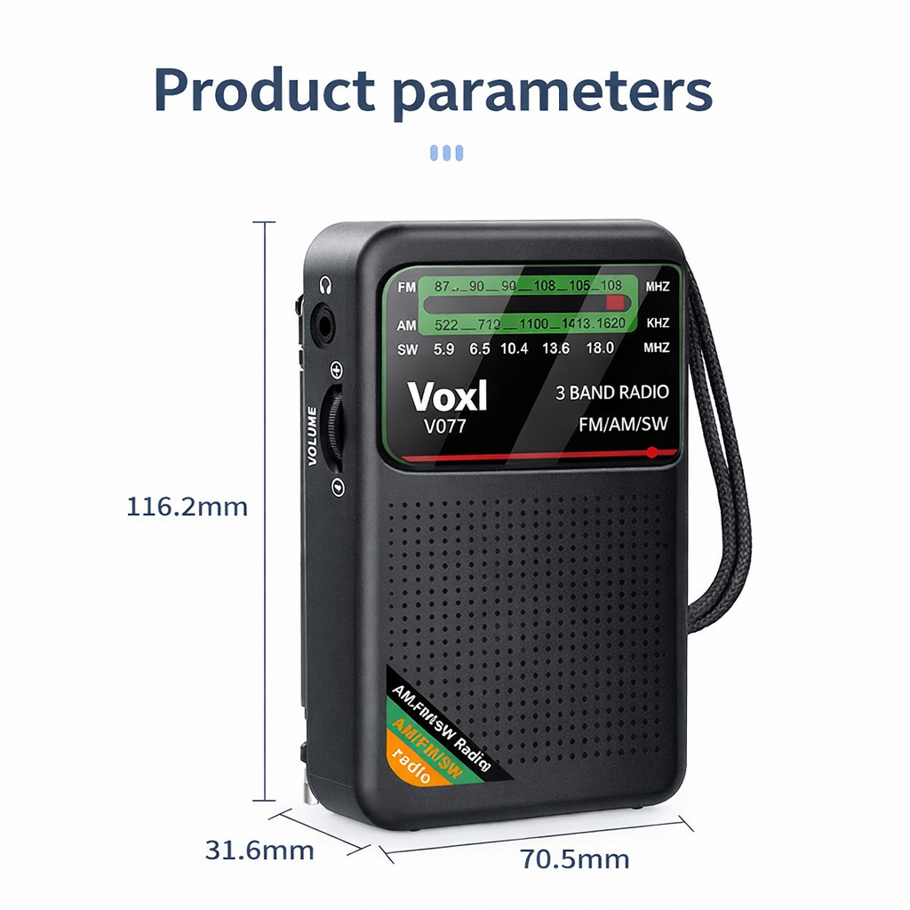 Voxl V077 AM/FM/SW Rechargeable Portable Radio, 3W Speaker