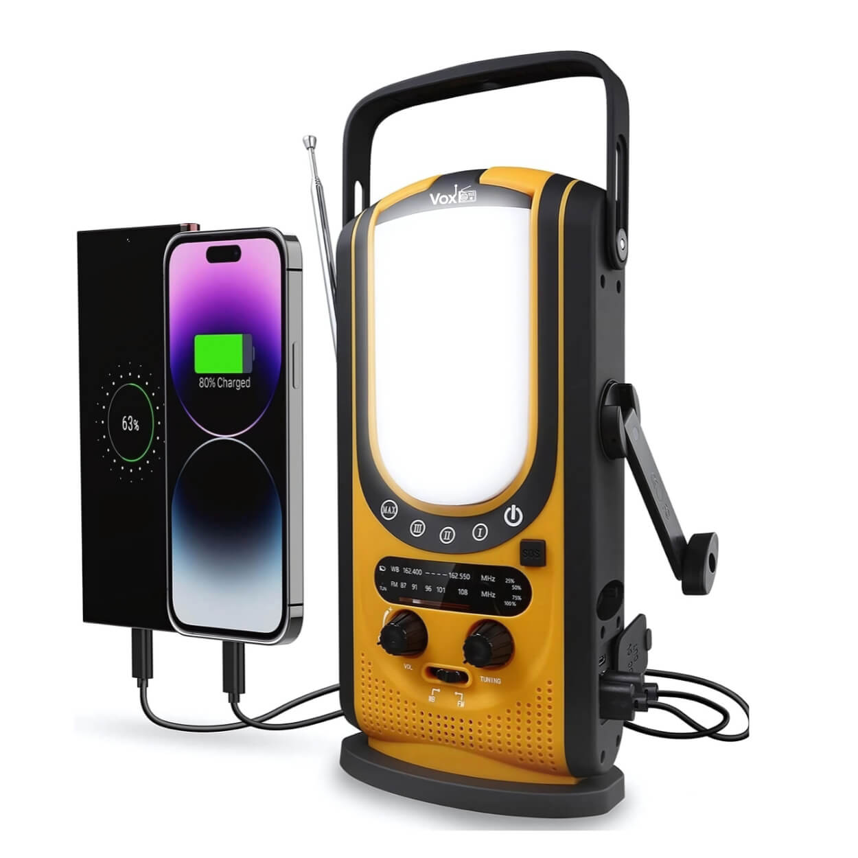 VOXL V099 battery operated emergency radio with flashlight reading lamp and SOS safety alarm