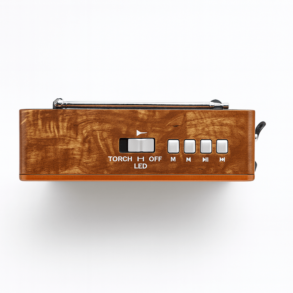 VOXL V211 vintage wood grain emergency radio with LED flashlight Bluetooth music and survival use