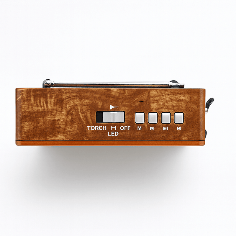 VOXL V211 vintage wood grain emergency radio with LED flashlight Bluetooth music and survival use