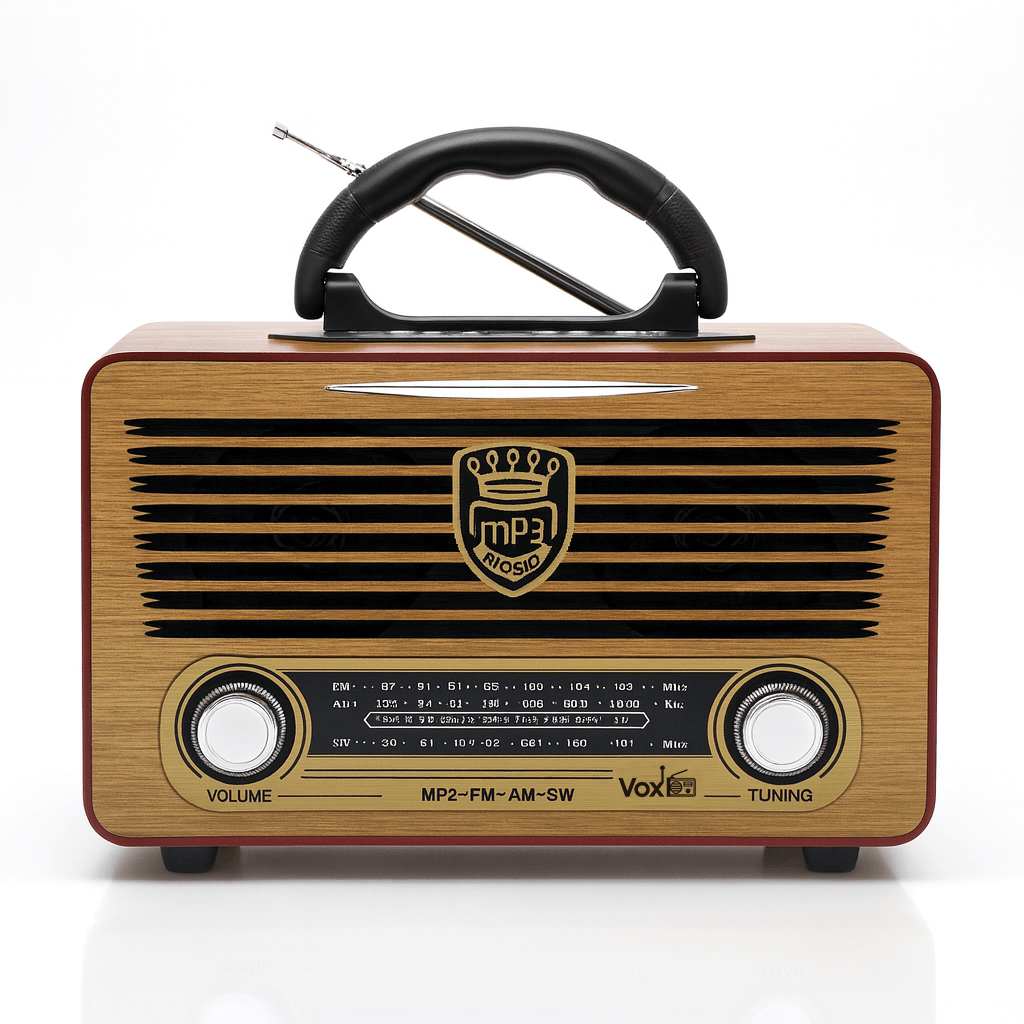 VOXL V213 emergency weather radio vintage wood design with LED flashlight and survival features