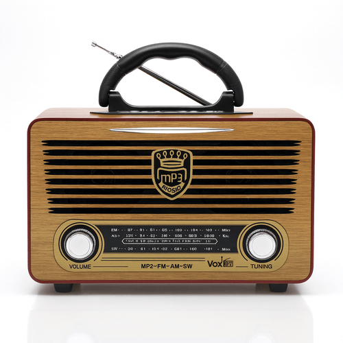 VOXL V213 emergency weather radio vintage wood design with LED flashlight and survival features