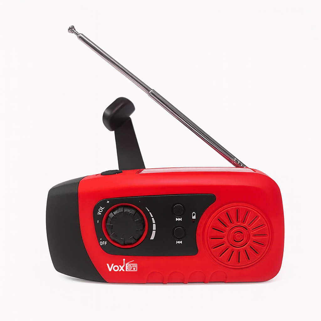 VOXL V029 portable emergency crank radio with solar USB hand crank charging and LED flashlight