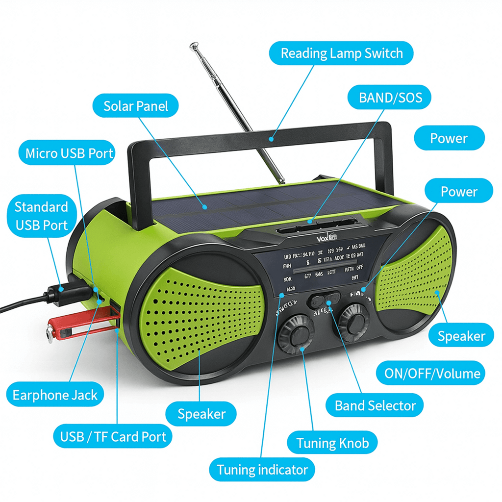 VOXL V033 hand crank solar emergency radio with NOAA weather alerts and powerbank function