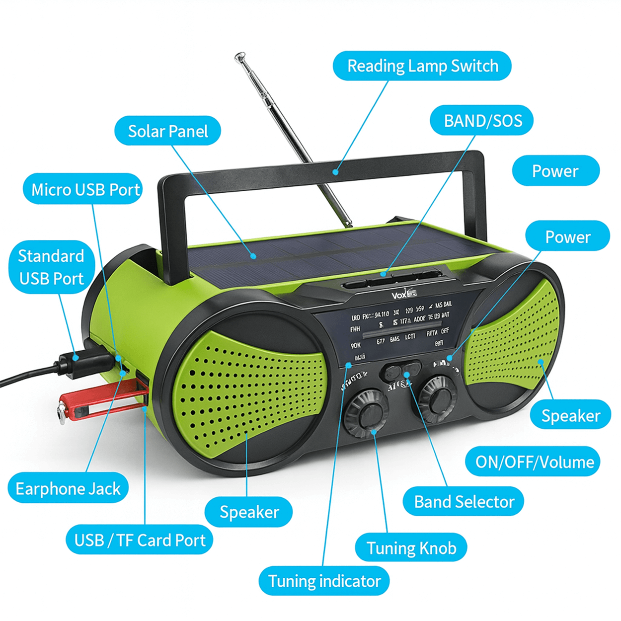 VOXL V033 hand crank solar emergency radio with NOAA weather alerts and powerbank function