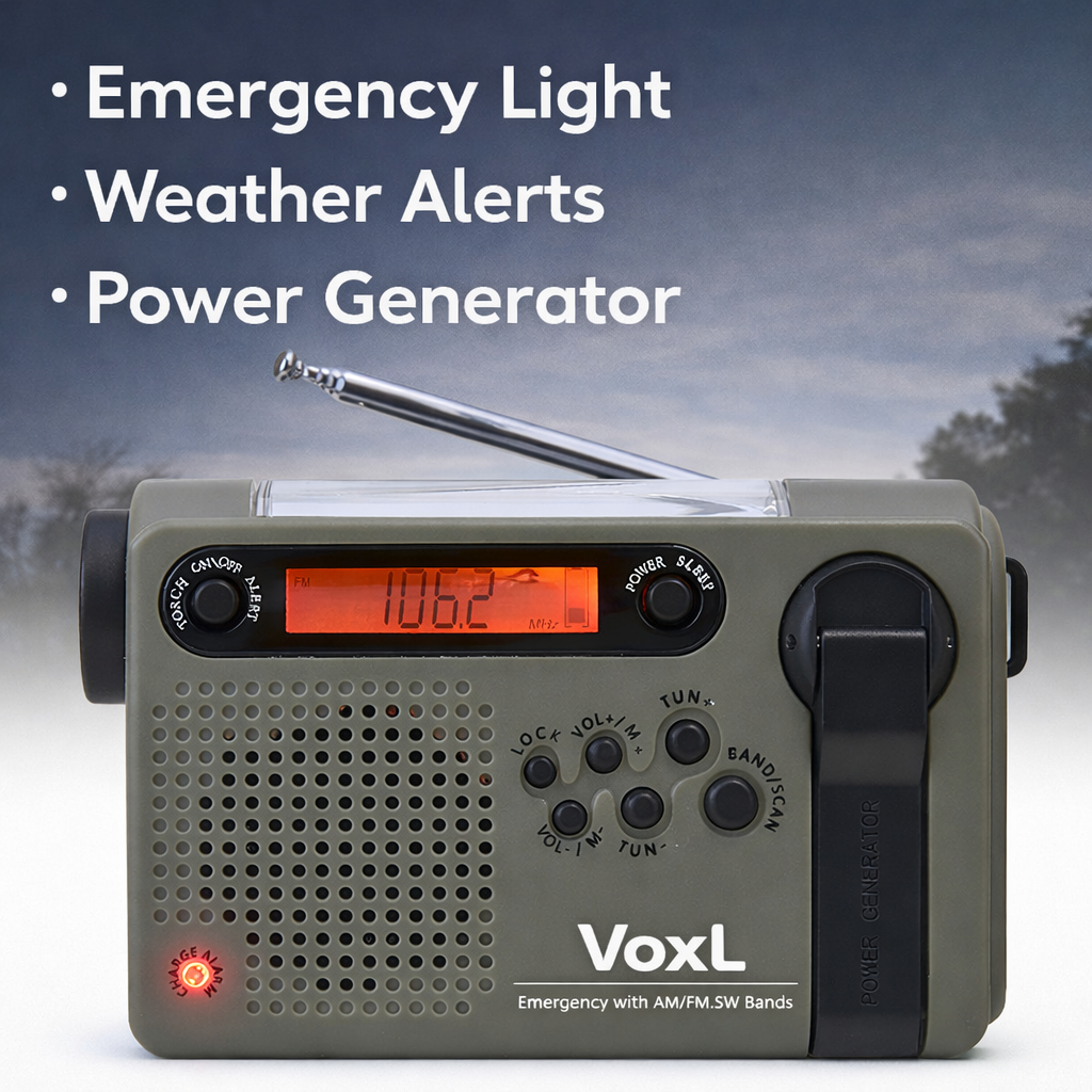 Voxl V900 Emergency Weather Radio (Hand Crank + Solar + USB-C) with 4000mAh Power Bank