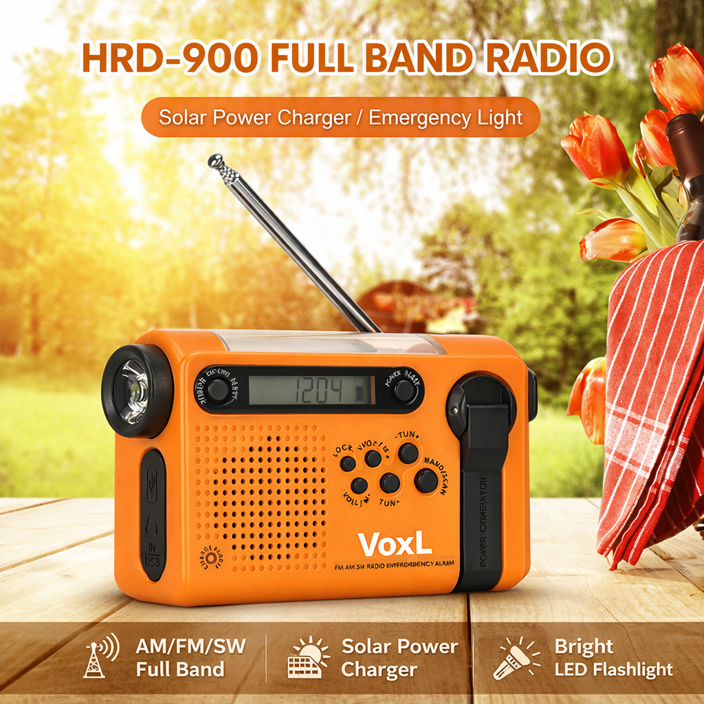 Voxl V900 Emergency Weather Radio (Hand Crank + Solar + USB-C) with 4000mAh Power Bank