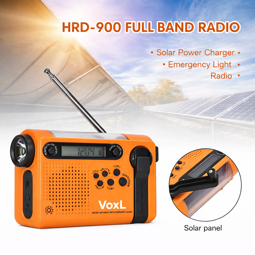 Voxl V900 Emergency Weather Radio (Hand Crank + Solar + USB-C) with 4000mAh Power Bank